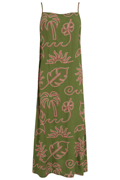 Raganni Midi Sundress - Khaki, Tropical Line Drawing