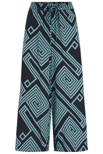 Ameera Cropped Wide Leg Trousers - Black/Green, Geometric Lines