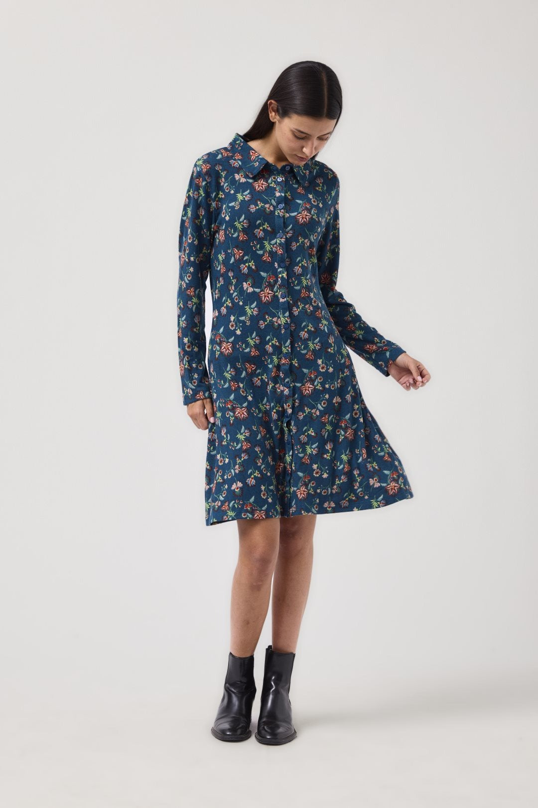 MdM Μπλε Πλεκτό Πουκαμισοφόρεμα με Floral Print