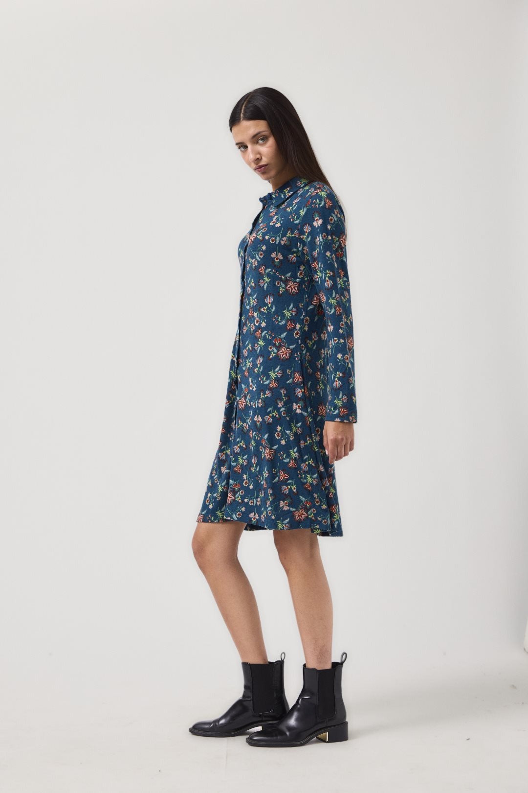 MdM Μπλε Πλεκτό Πουκαμισοφόρεμα με Floral Print