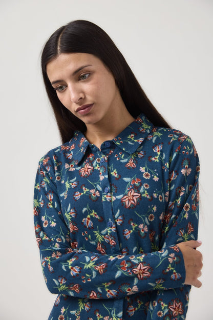 MdM Μπλε Πλεκτό Πουκαμισοφόρεμα με Floral Print
