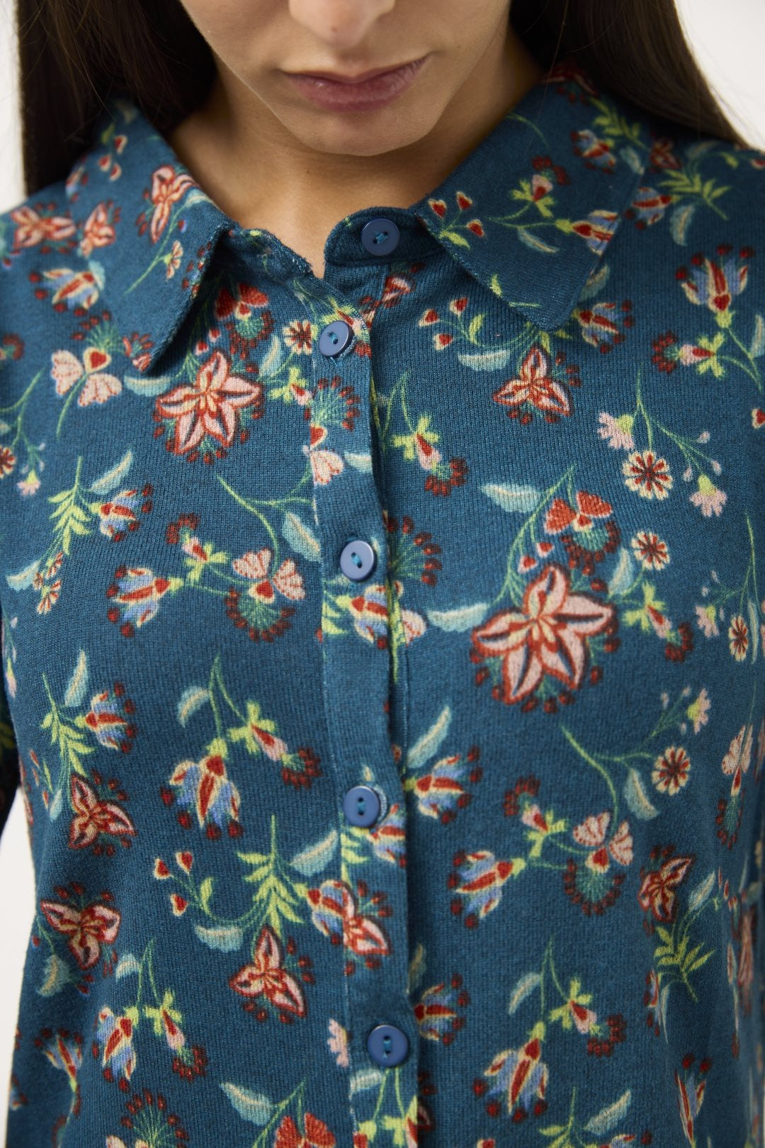 MdM Μπλε Πλεκτό Πουκαμισοφόρεμα με Floral Print