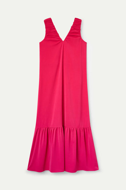 Long fuchsia dress with a V-neck