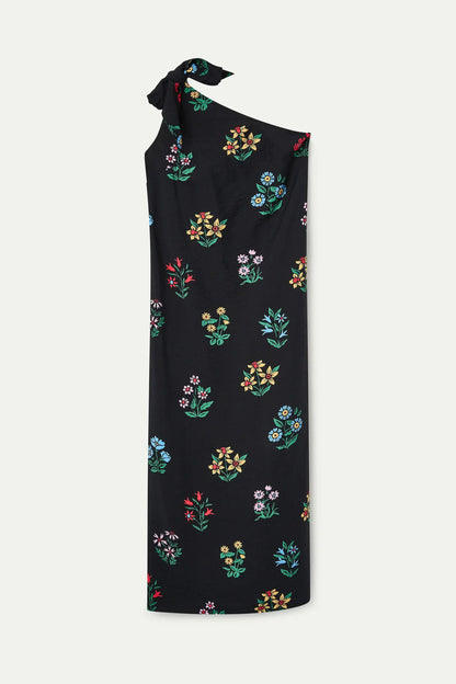 Long asymmetrical dress with Multicolor Gardener print