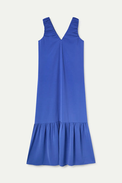 Long blue dress with a V-neck