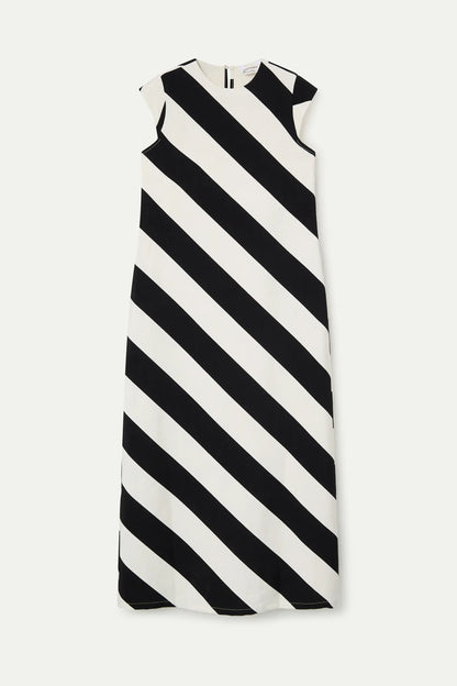 Long dress with black and white diagonal striped print