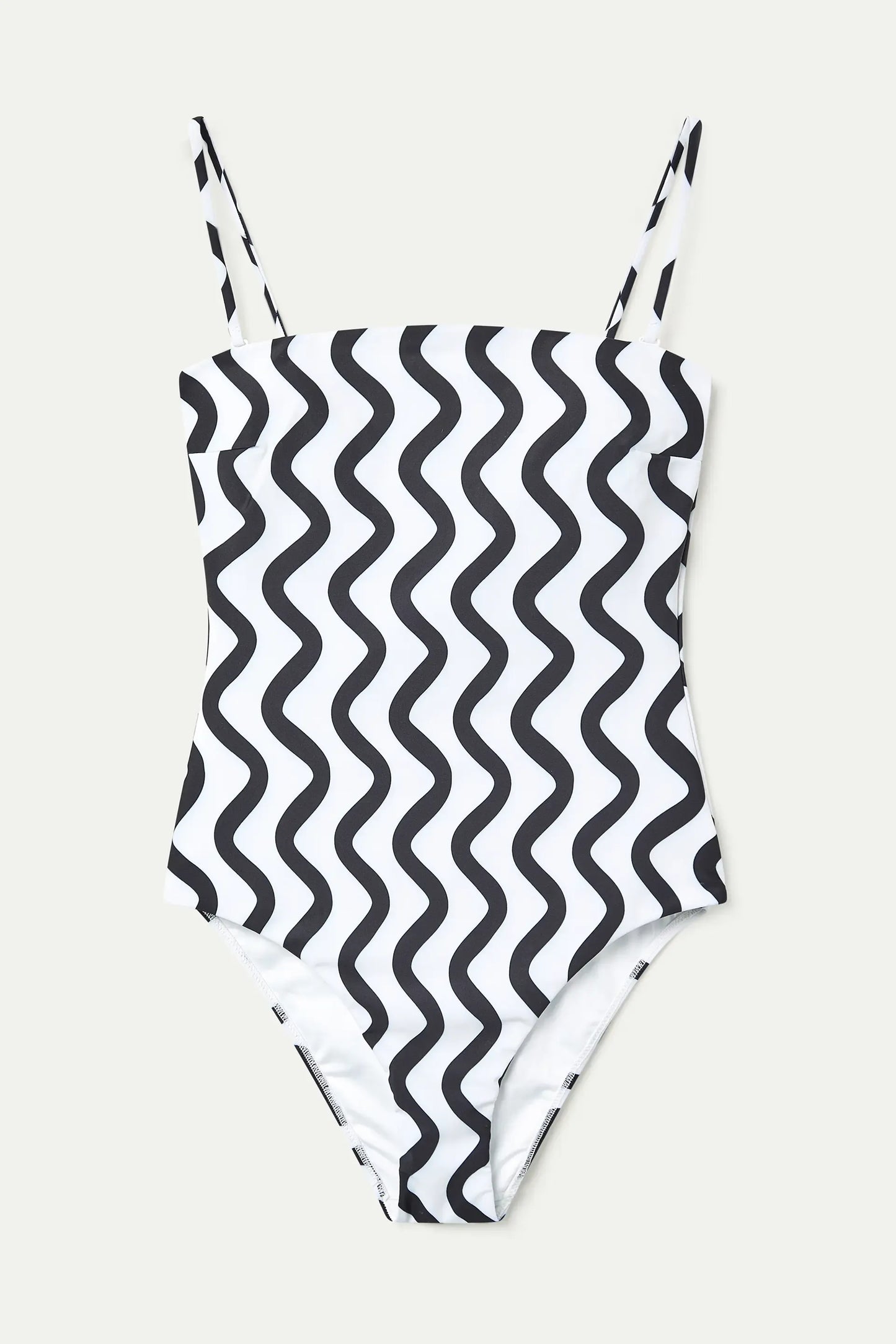 Wave Black and White; White Print Straight Neck Swimsuit