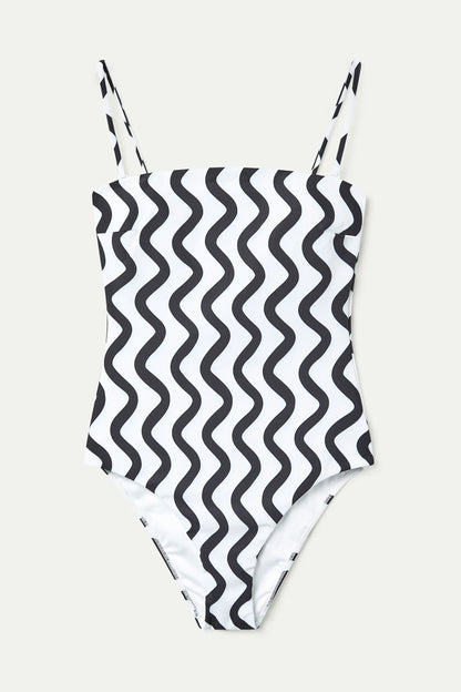 Wave Black and White; White Print Straight Neck Swimsuit