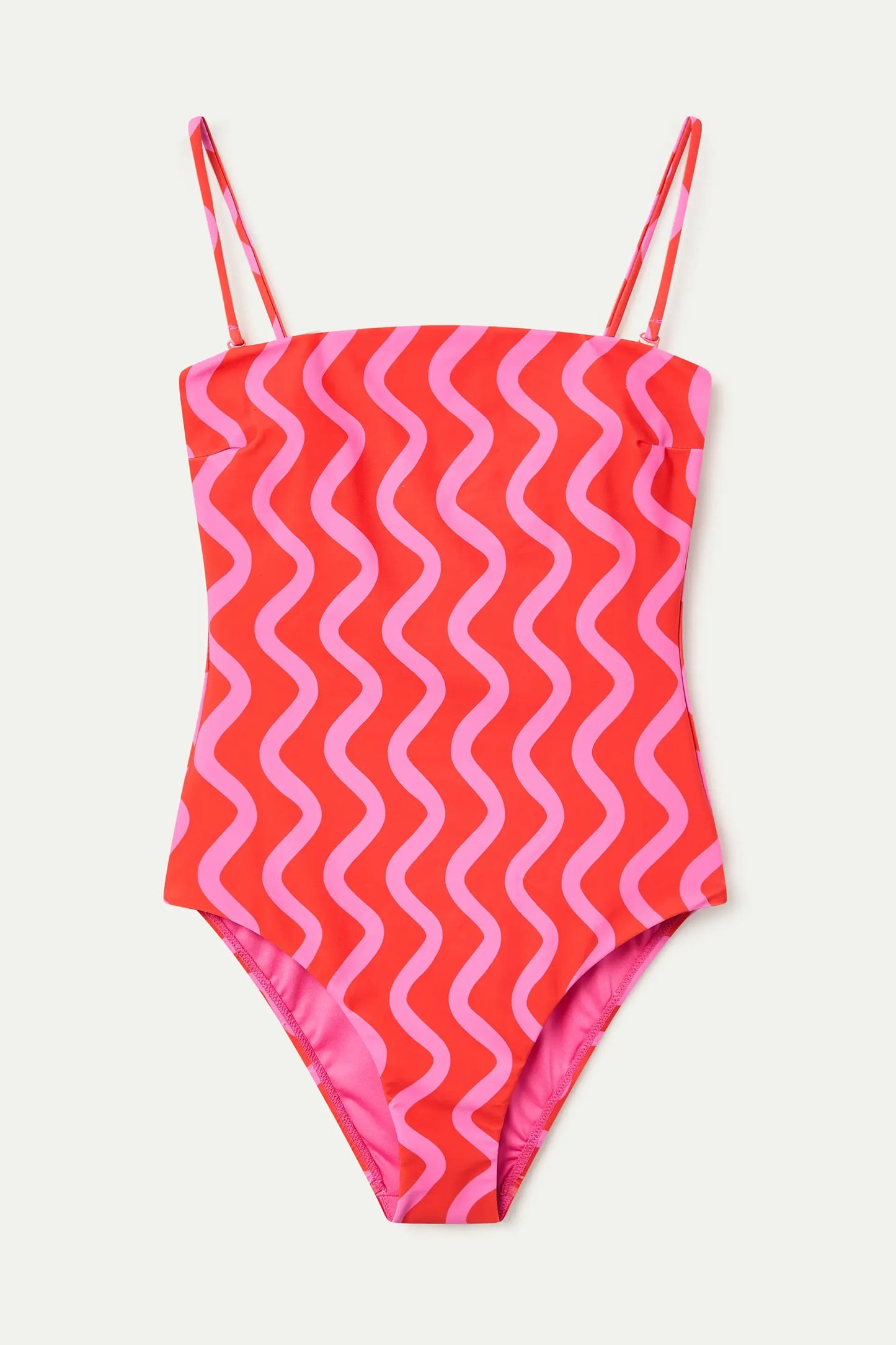 Swimsuit with straight neckline, Wave Red and Pink; Pink print