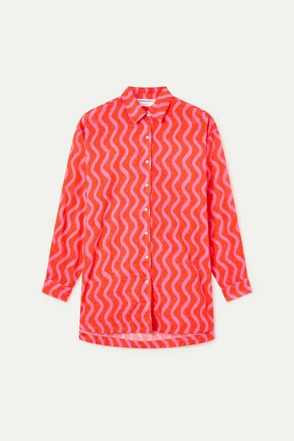Red and Pink; Pink Wave Print Shirt