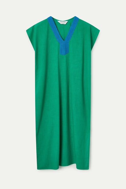 Long green kaftan with blue neckline