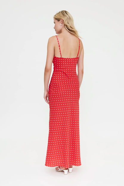 Long dress with red mini dot print