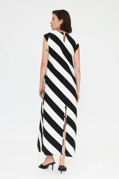 Long dress with black and white diagonal striped print