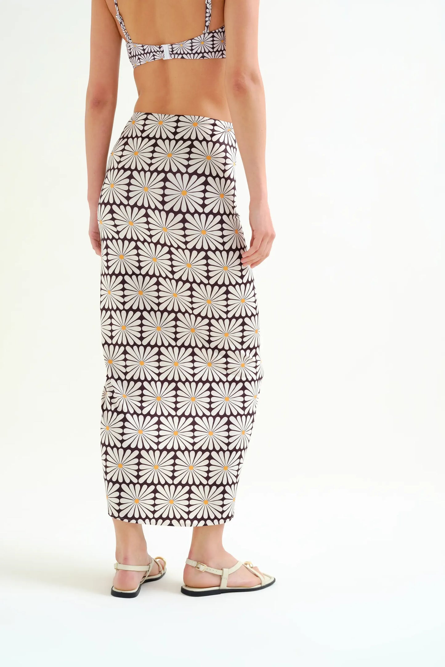 Olive Flower Print Black Midi Skirt