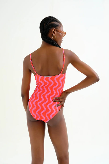 Swimsuit with straight neckline, Wave Red and Pink; Pink print
