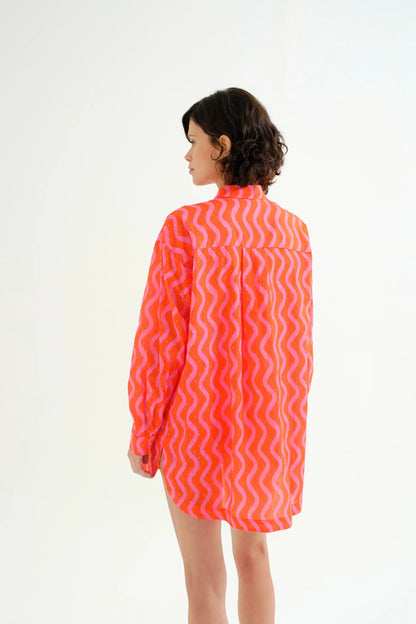 Red and Pink; Pink Wave Print Shirt