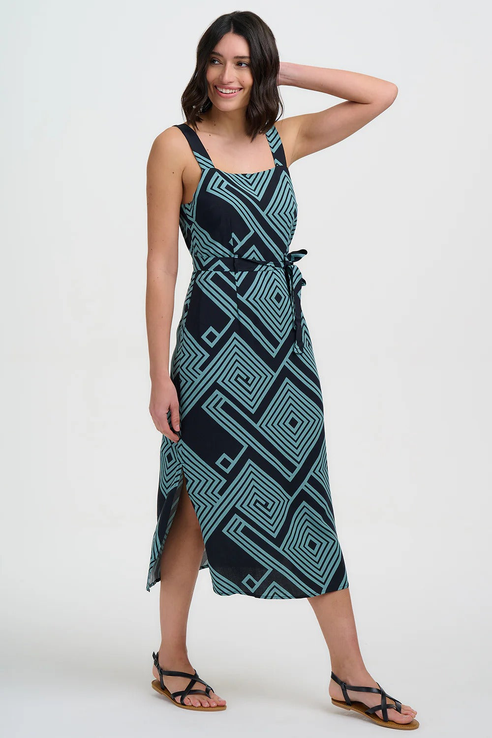 Elva Midi Sundress - Black/Green, Geometric Lines