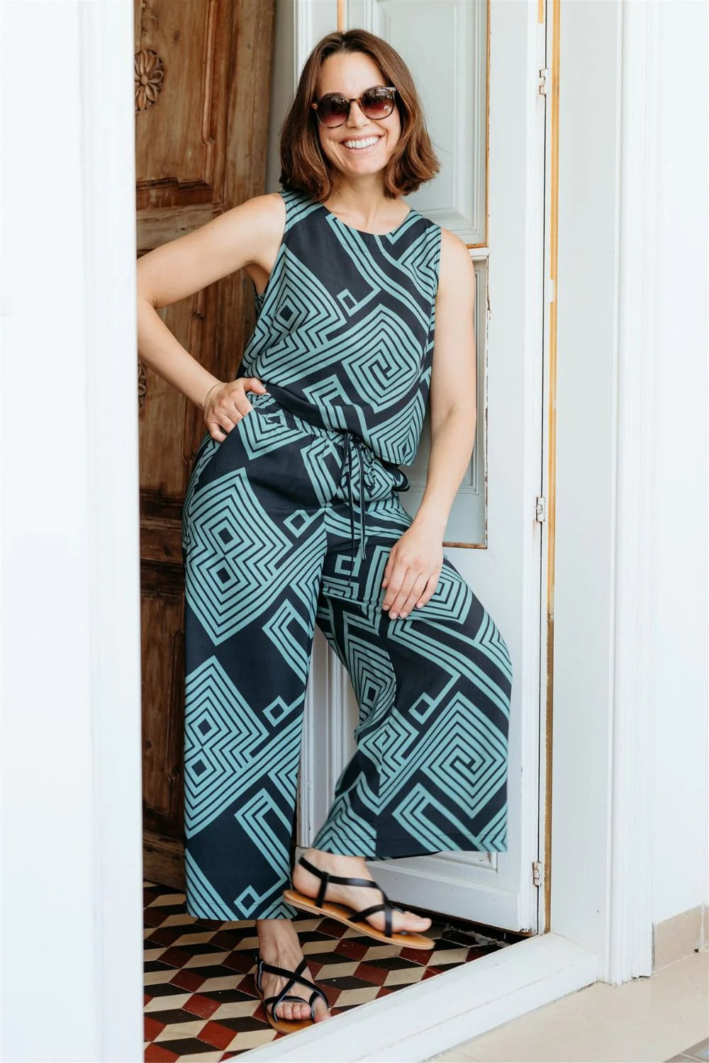 Ameera Cropped Wide Leg Trousers - Black/Green, Geometric Lines
