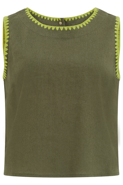 Senna Top - Olive, Decorative Stitch