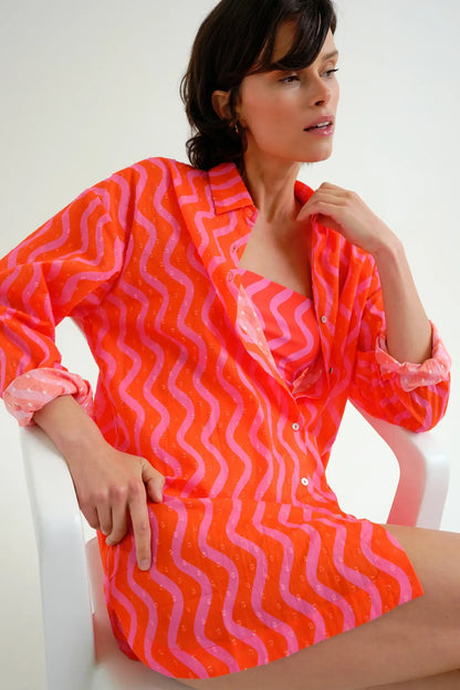 Red and Pink; Pink Wave Print Shirt
