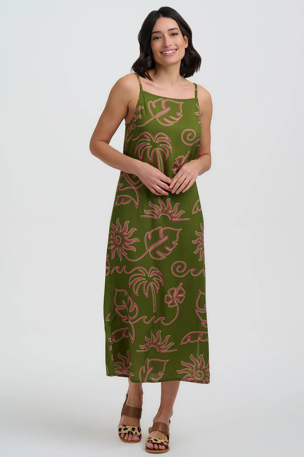 Raganni Midi Sundress - Khaki, Tropical Line Drawing