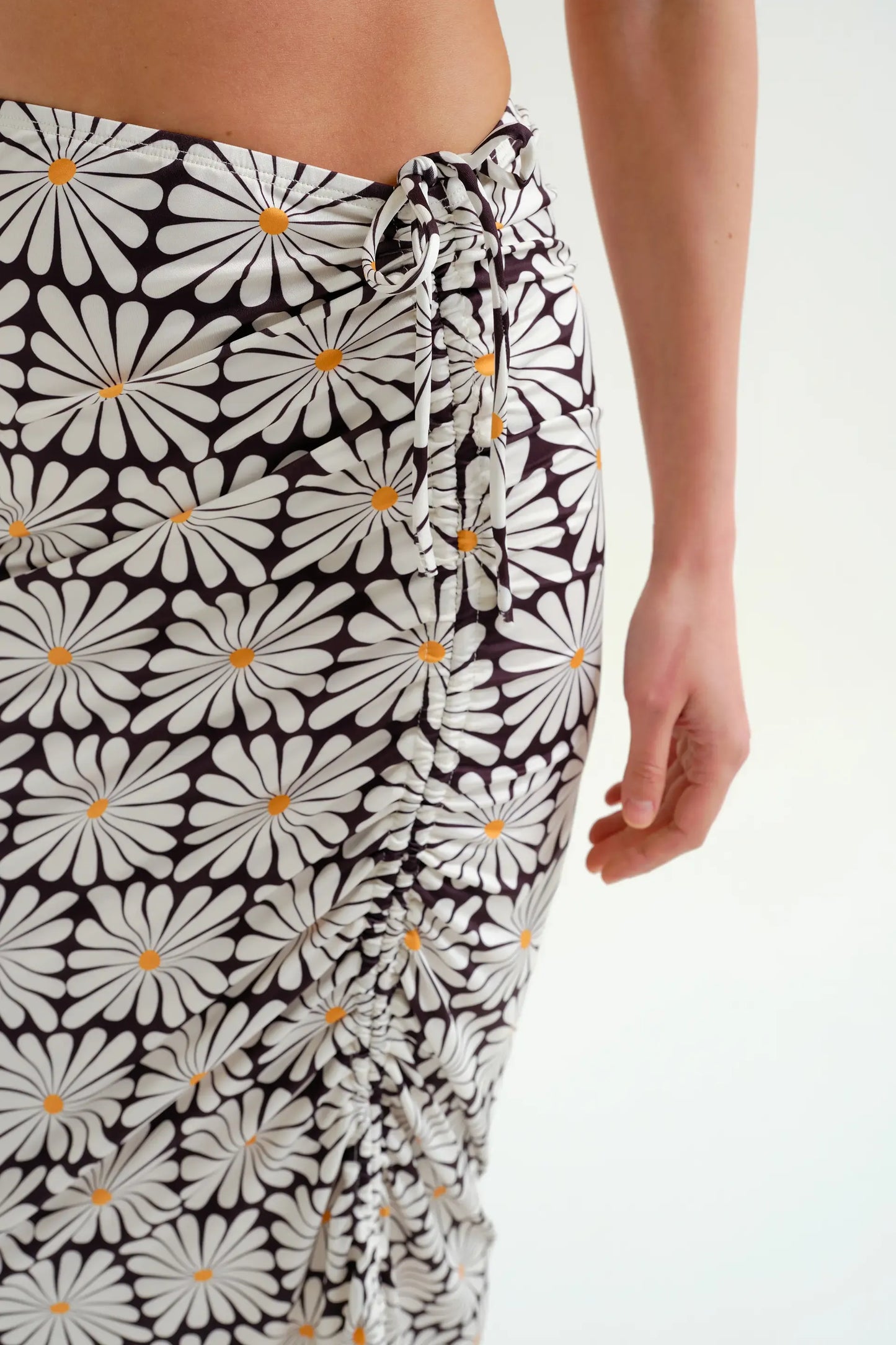 Olive Flower Print Black Midi Skirt