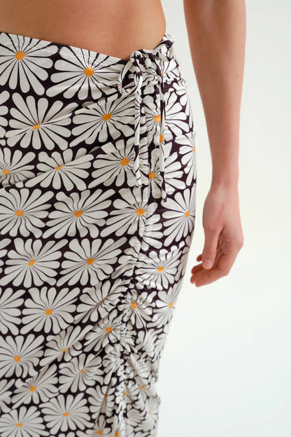 Olive Flower Print Black Midi Skirt