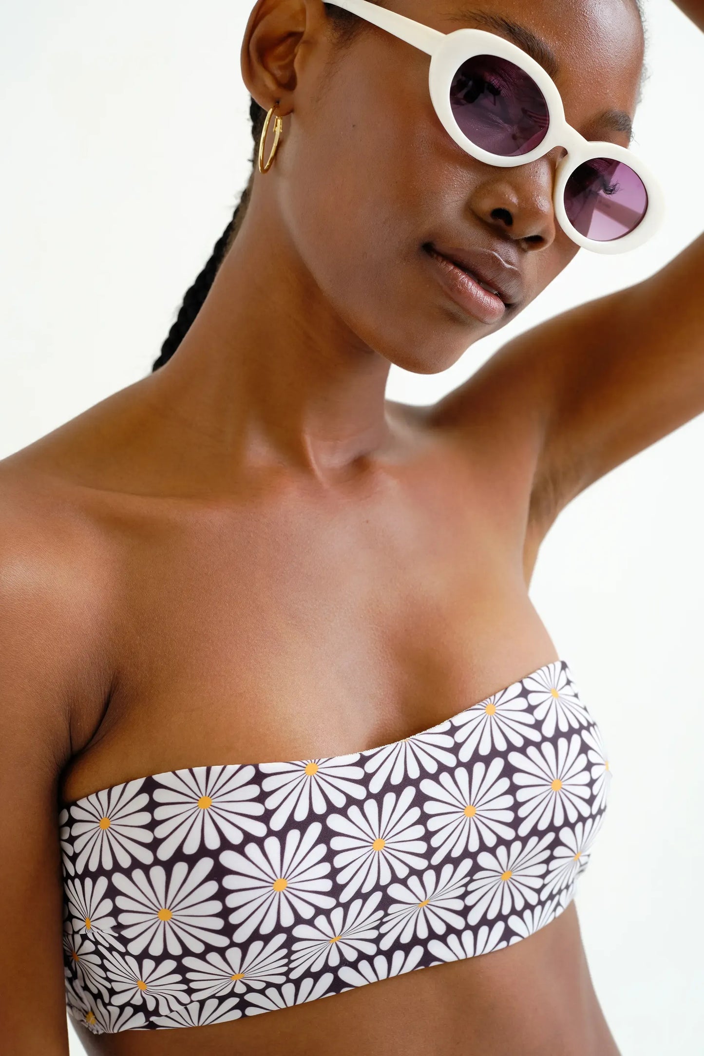 Olive Flower Print Straight Bikini Top - Black