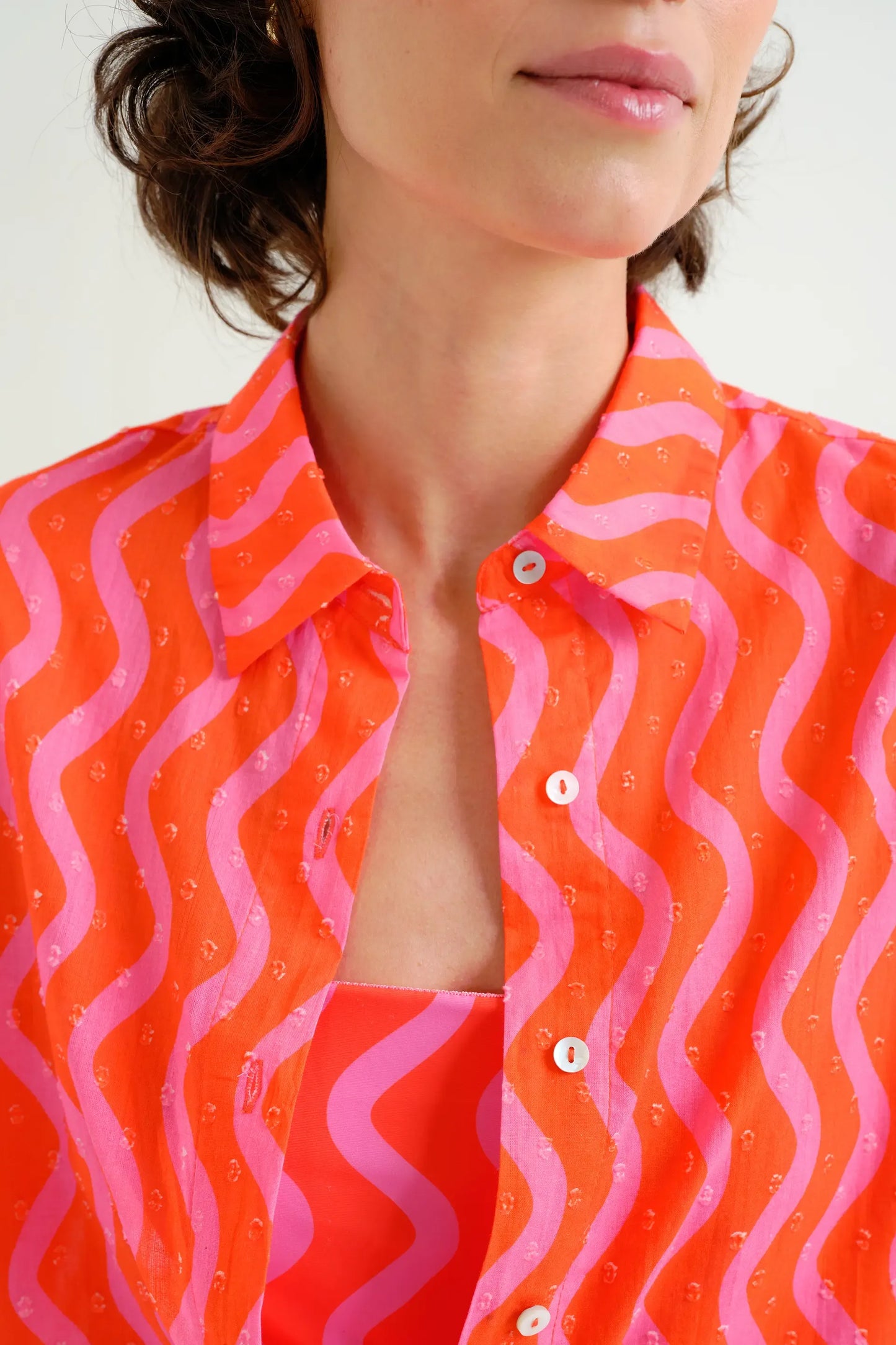 Red and Pink; Pink Wave Print Shirt