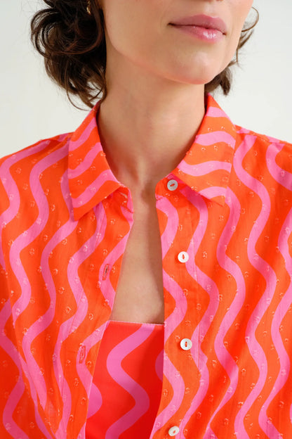 Red and Pink; Pink Wave Print Shirt