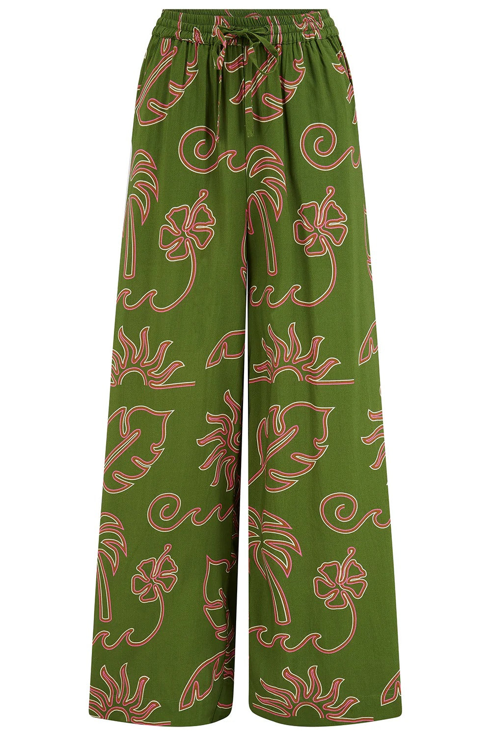 Trinny Wide Leg Trousers - Khaki, Tropical Line Drawing
