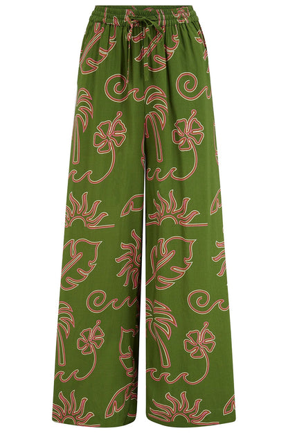 Trinny Wide Leg Trousers - Khaki, Tropical Line Drawing