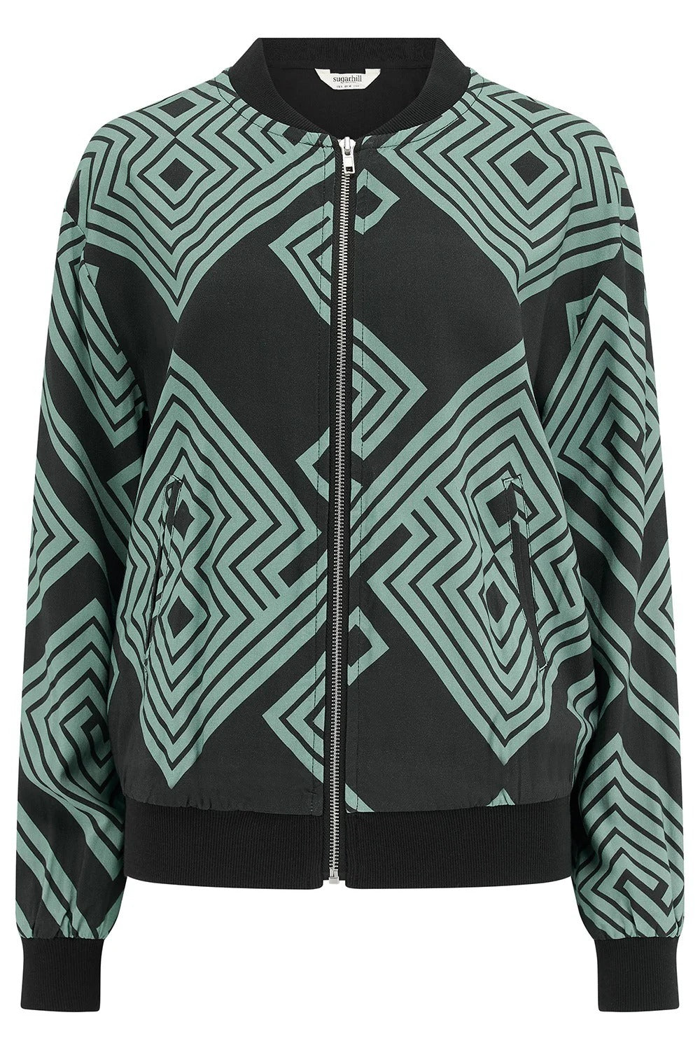 Bobbi Bomber Jacket - Black/Green, Geometric Lines