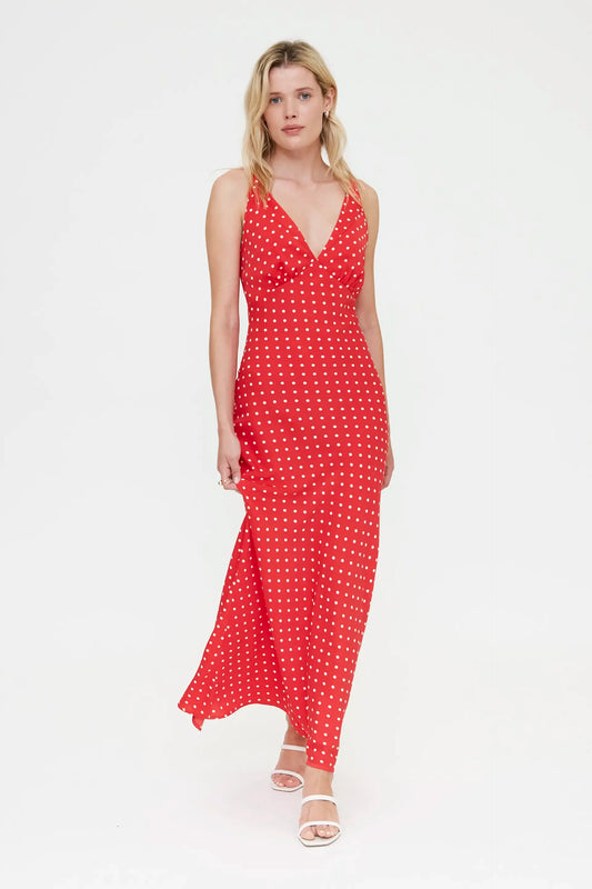 Long dress with red mini dot print