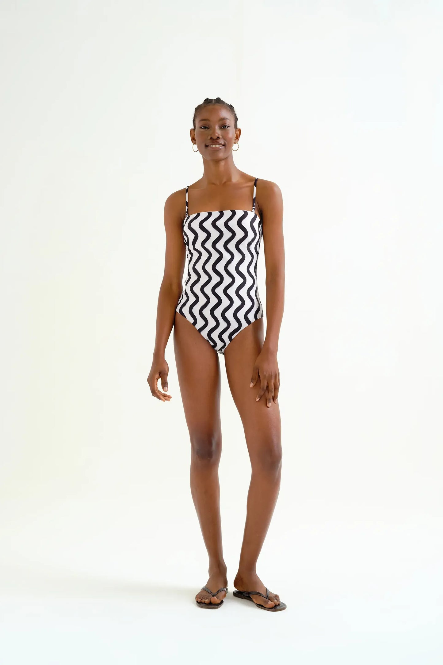 Wave Black and White; White Print Straight Neck Swimsuit