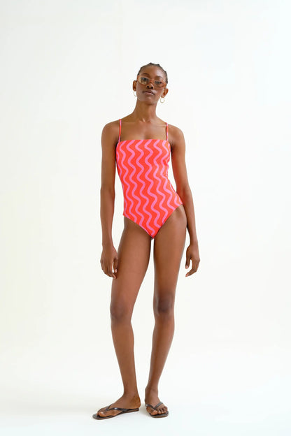 Swimsuit with straight neckline, Wave Red and Pink; Pink print