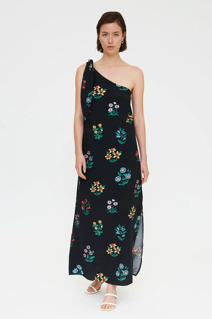 Long asymmetrical dress with Multicolor Gardener print