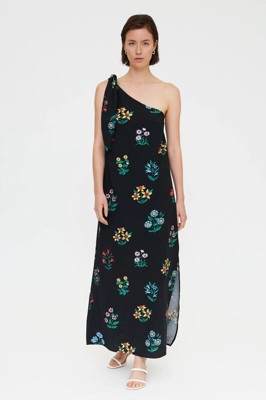 Long asymmetrical dress with Multicolor Gardener print