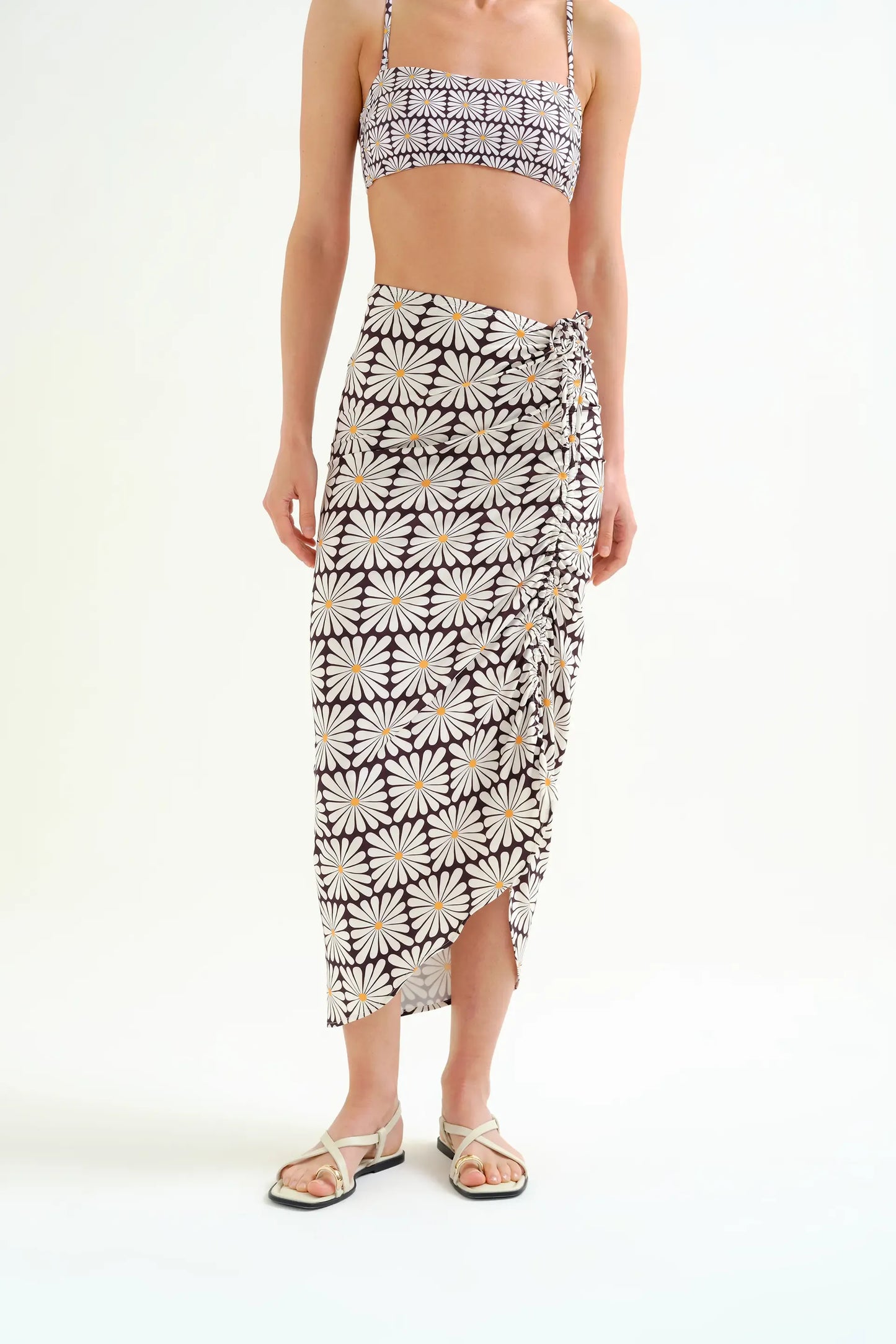 Olive Flower Print Black Midi Skirt