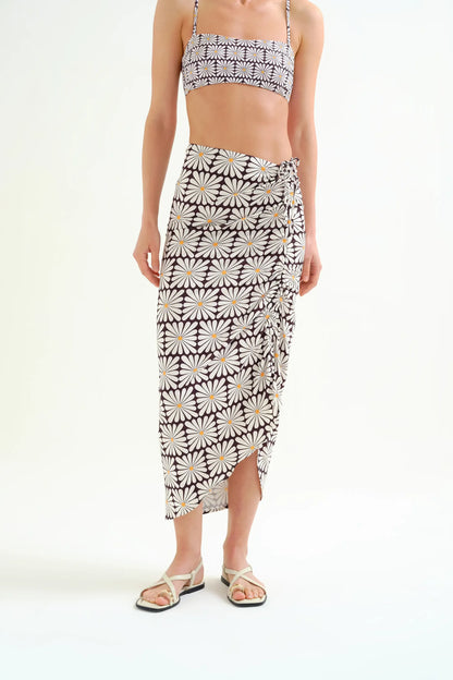 Olive Flower Print Black Midi Skirt