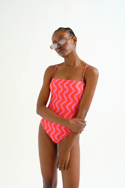 Swimsuit with straight neckline, Wave Red and Pink; Pink print
