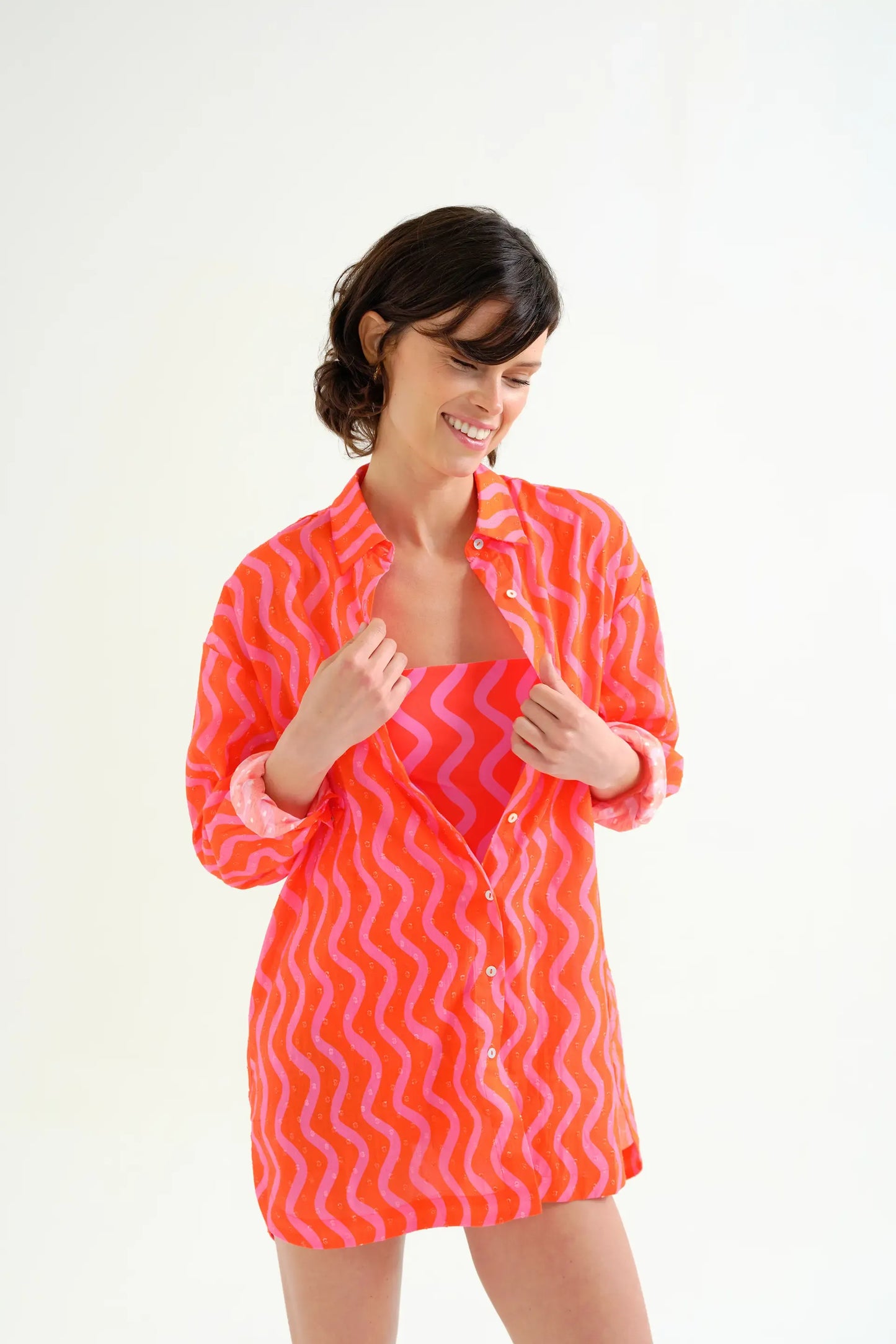Red and Pink; Pink Wave Print Shirt