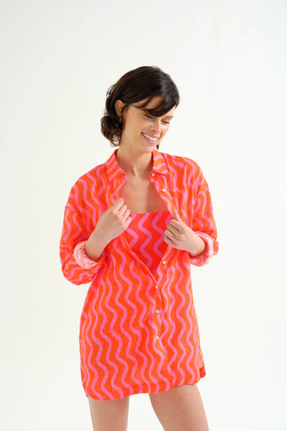 Red and Pink; Pink Wave Print Shirt