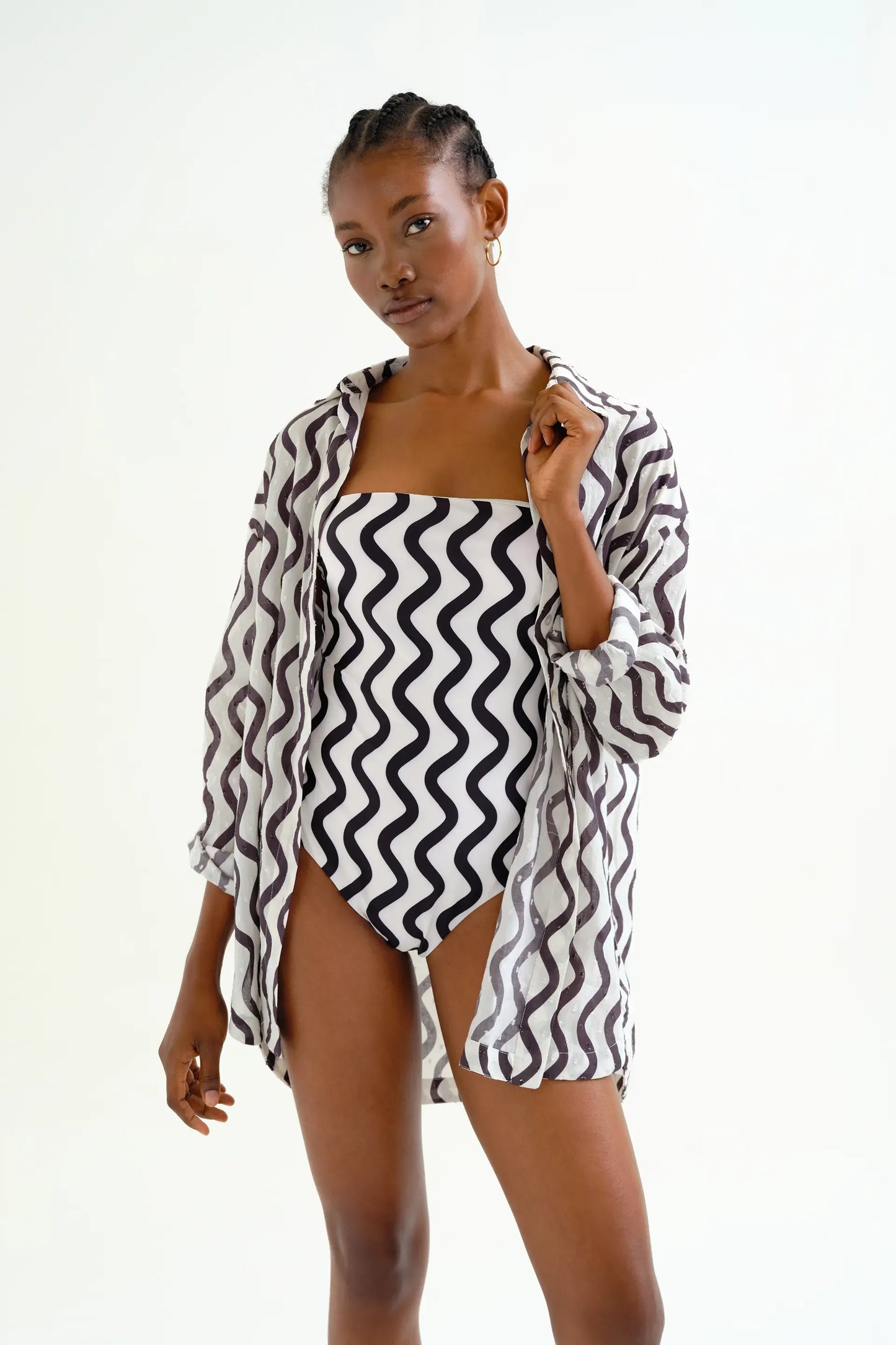 Black and White; White Wave Print Shirt