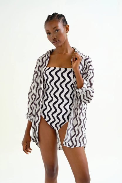 Black and White; White Wave Print Shirt