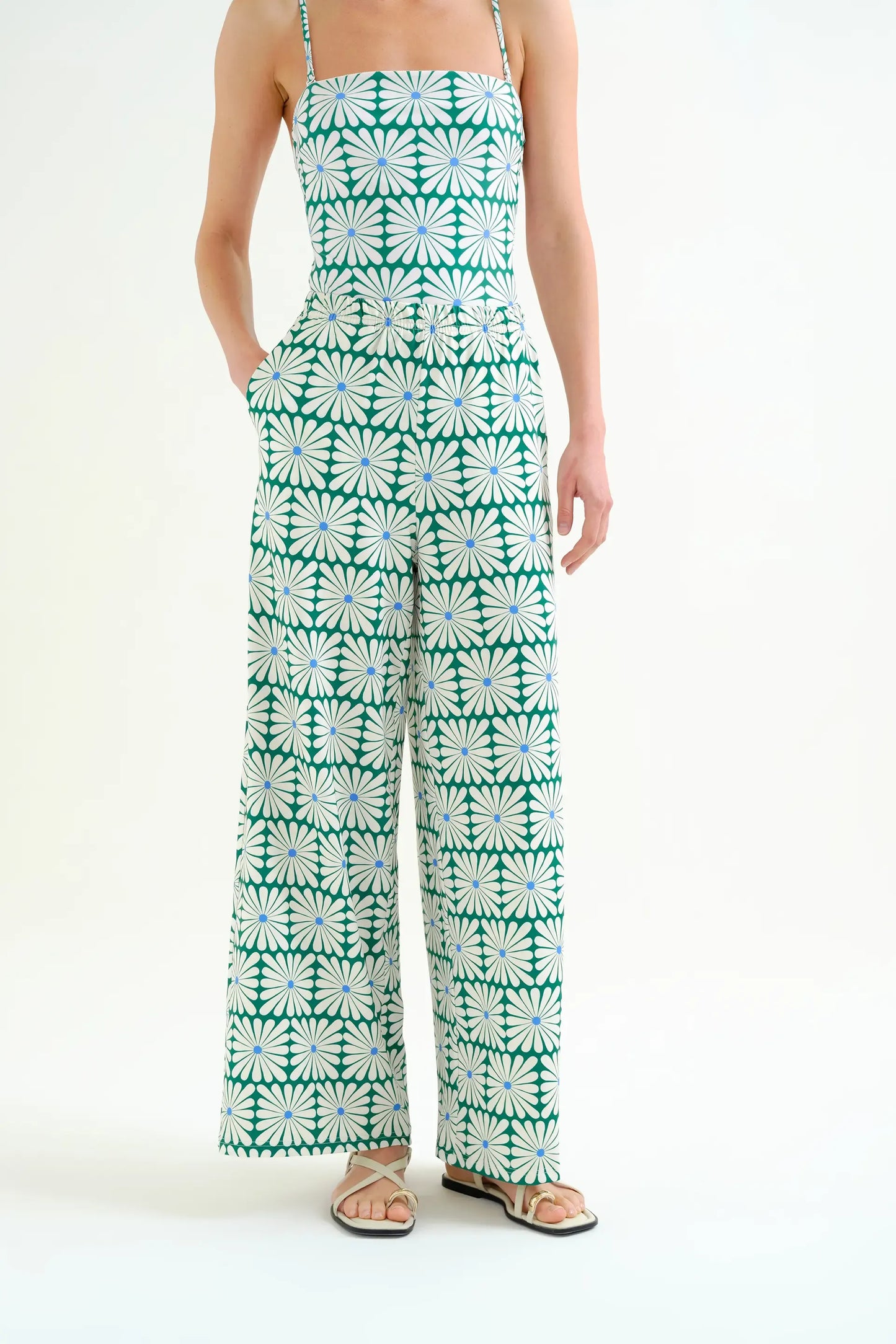 Trousers with Olive Flower Green print