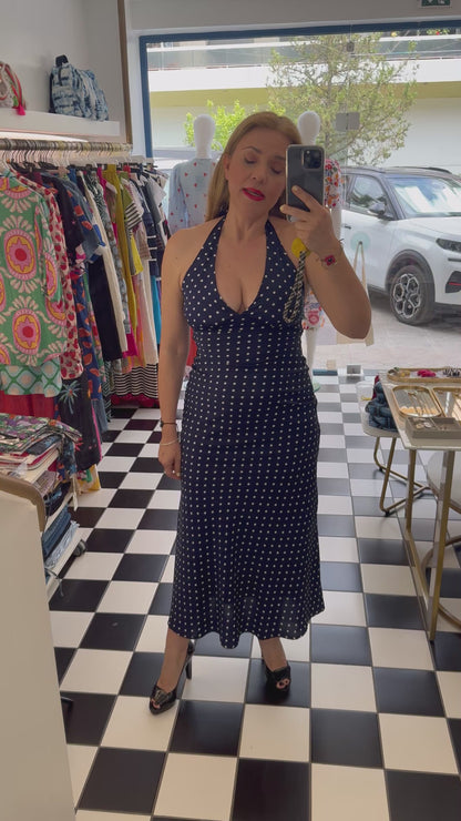 Long dress with blue mini dot print